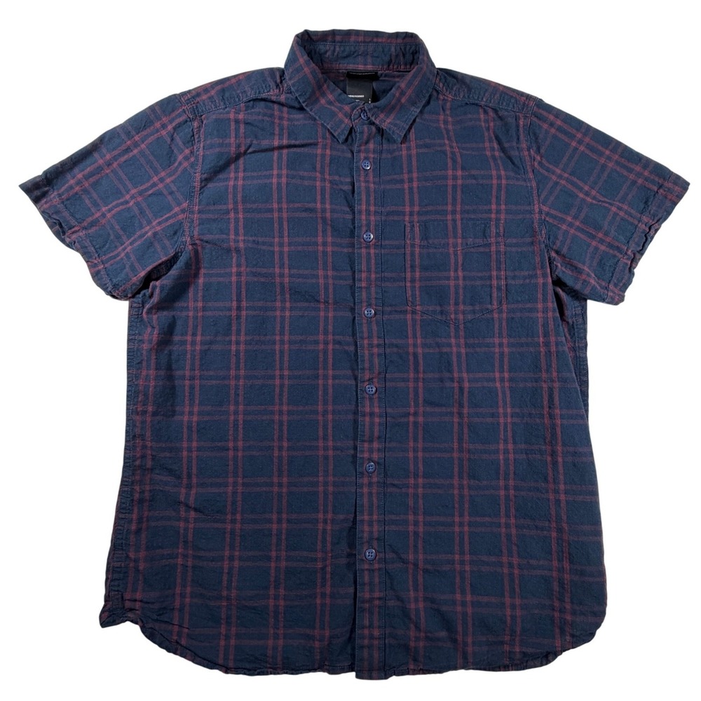 The North Face Mens Large Plaid Short Sleeve Button Down Shirt Navy Burgundy